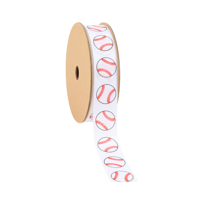 1" Printed Grosgrain Ribbon | Baseballs on White | 25 Yard Roll