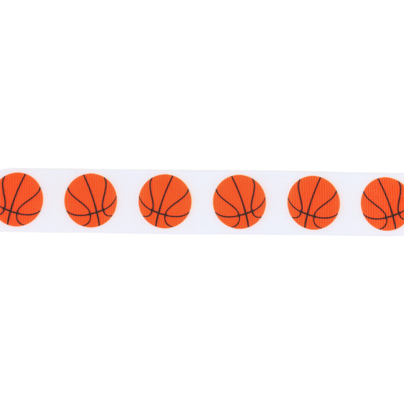 1" Printed Grosgrain Ribbon | Basketballs on White | 25 Yard Roll