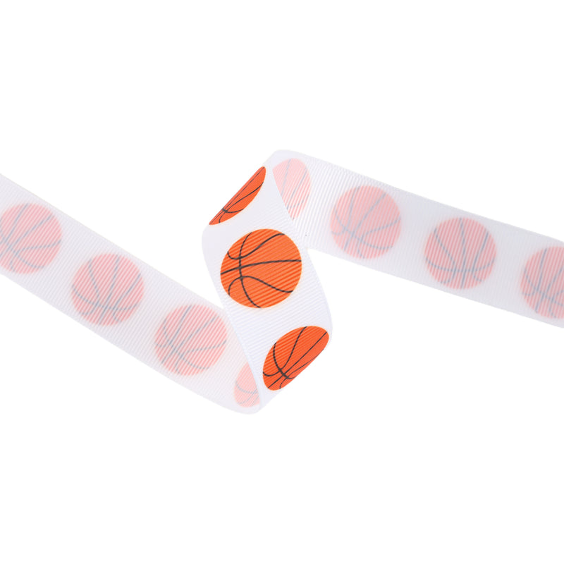 1" Printed Grosgrain Ribbon | Basketballs on White | 25 Yard Roll