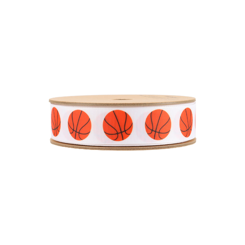 1" Printed Grosgrain Ribbon | Basketballs on White | 25 Yard Roll
