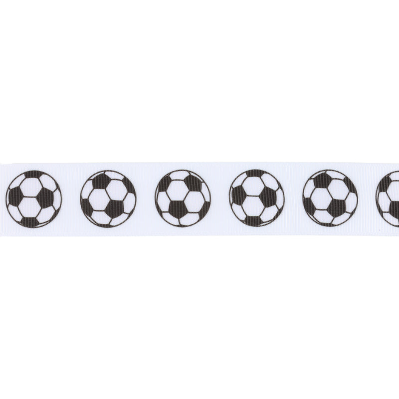 1" Printed Grosgrain Ribbon | Soccer Balls on White | 25 Yard Roll
