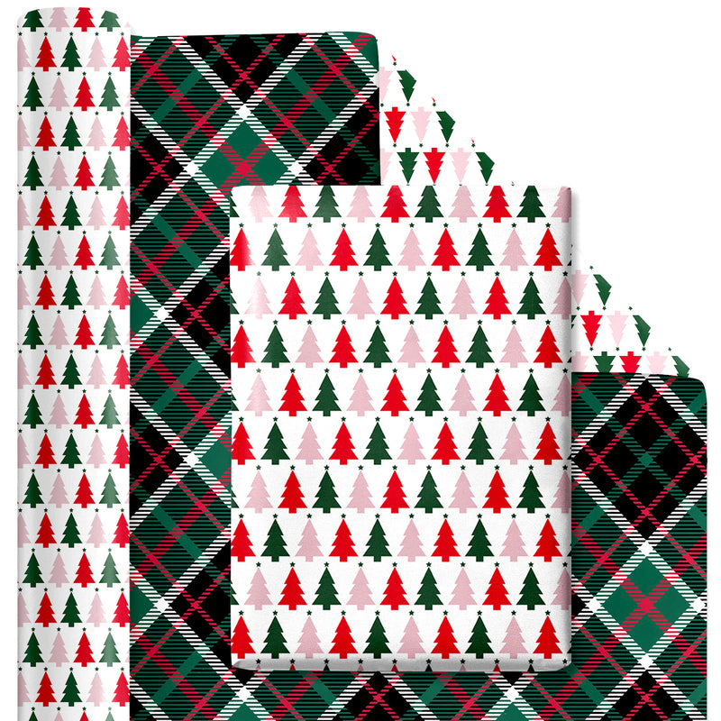 24" x 417' Reversible Holiday Wrapping Paper Half Ream | "Symmetrical Tree/Holiday Plaid"