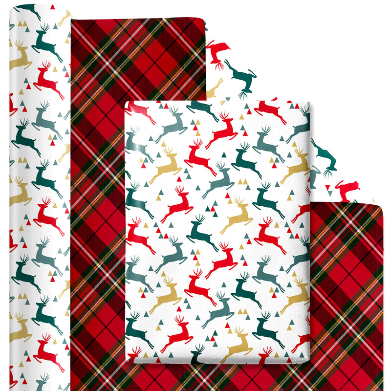 24" x 417' Reversible Holiday Wrapping Paper Half Ream | Prancing Deer/Plaid