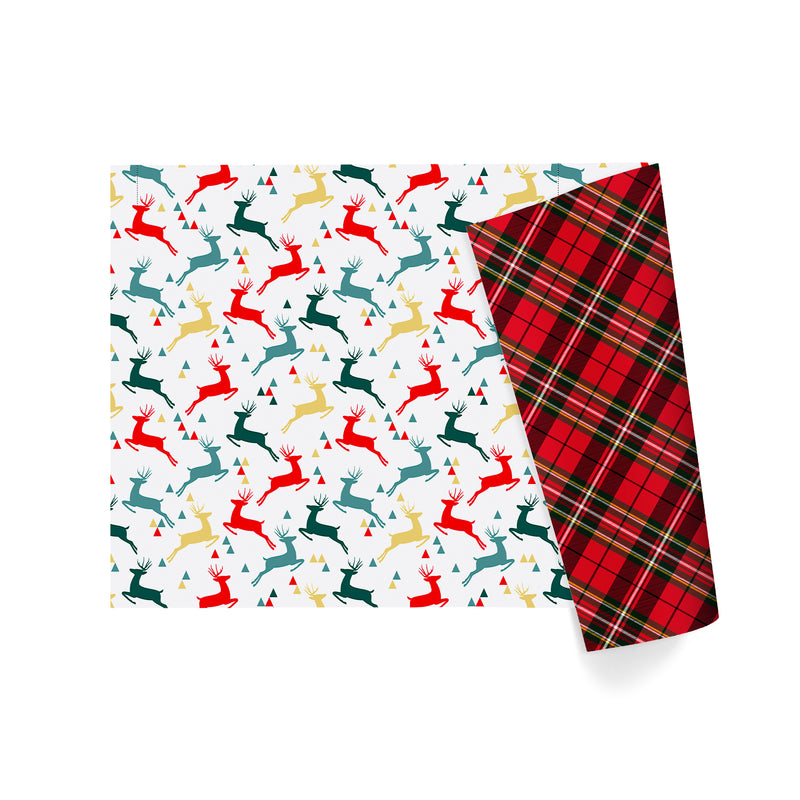 24" x 417' Reversible Holiday Wrapping Paper Half Ream | Prancing Deer/Plaid