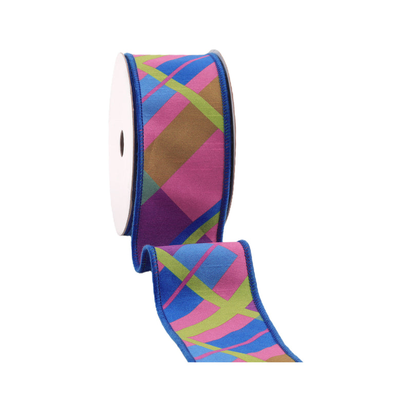 2 1/2" Wired Dupioni Ribbon | Bias Plaid Blue/Multi w/ Taffeta Fused Back | 10 Yard Roll