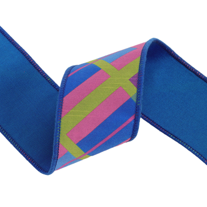 2 1/2" Wired Dupioni Ribbon | Bias Plaid Blue/Multi w/ Taffeta Fused Back | 10 Yard Roll