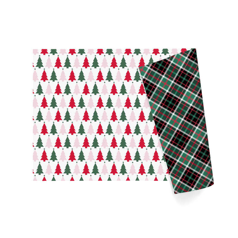24" x 16' Reversible Holiday Wrapping Paper | "Symmetrical Tree/Holiday Plaid"