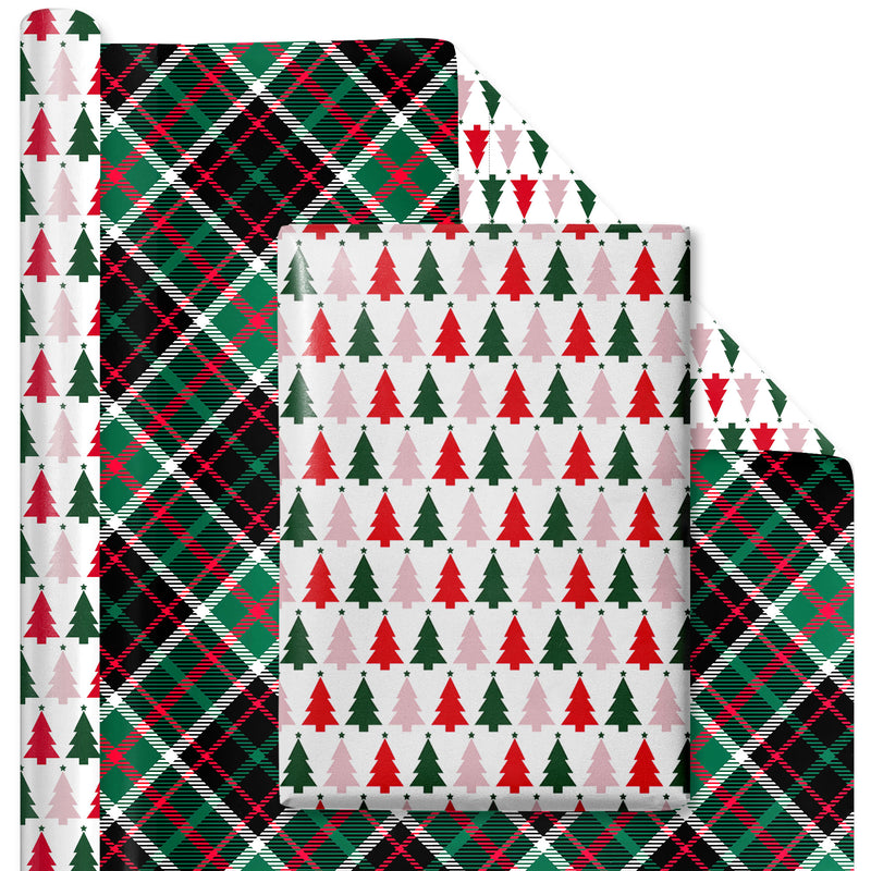 24" x 16' Reversible Holiday Wrapping Paper | "Symmetrical Tree/Holiday Plaid"