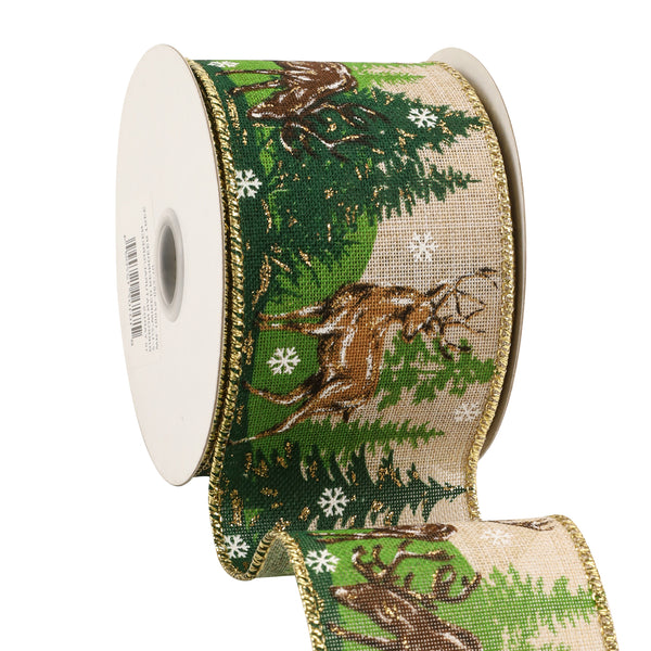 2 1/2" Wired Ribbon | "Reindeer Tree" - Natural/Green | 10 Yard Roll