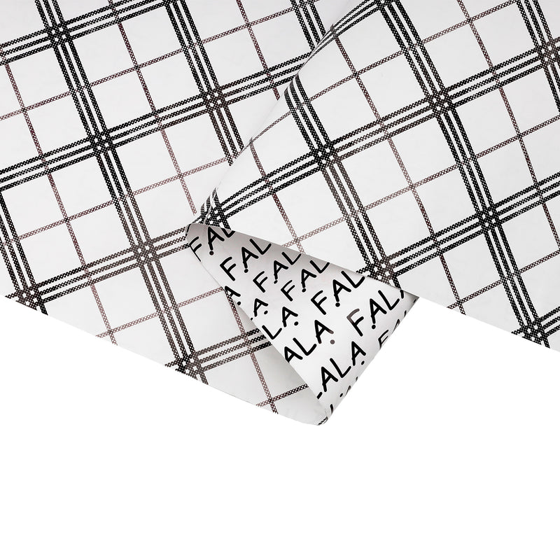 30" x 10' Holiday Reversible Wrapping Paper | Black, Grey and White Plaid/FA LA LA