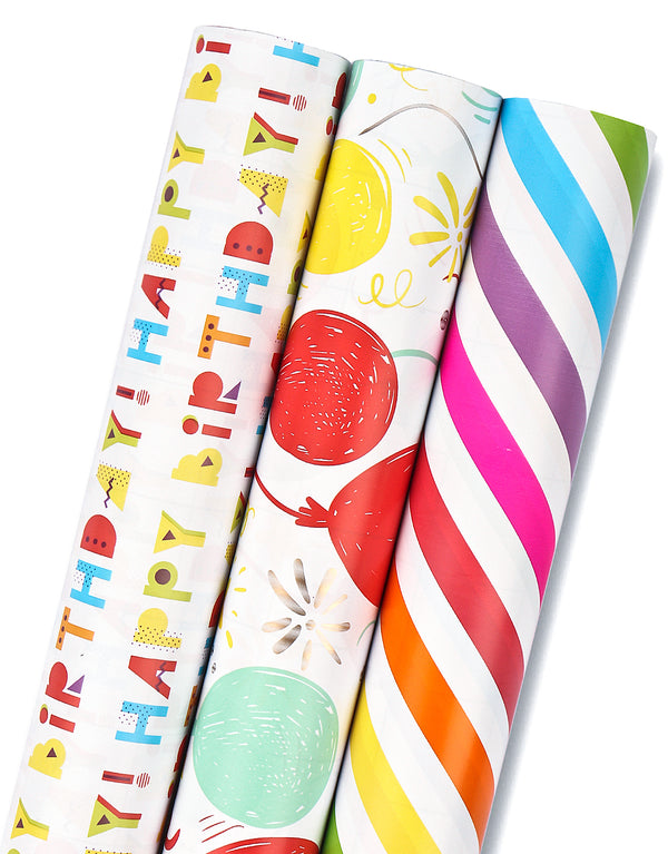 17" x 10' Birthday Mini Wrapping Paper Bundle (3-pack) | Happy Birthday/Balloons/Stripes