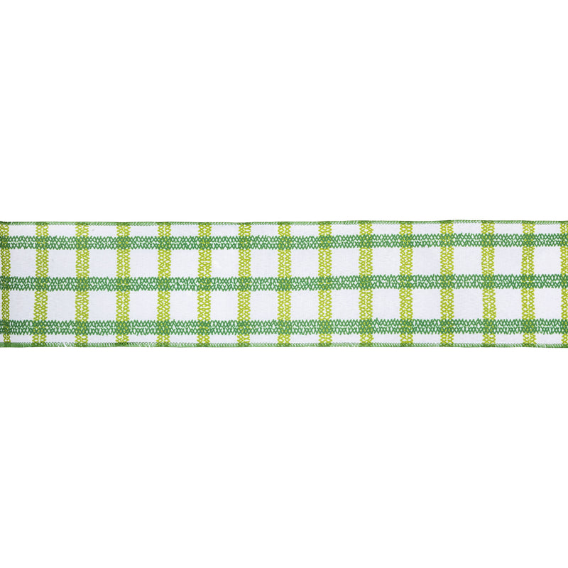 4" Wired Ribbon | Green Grid on White Linen | 10 Yard Roll