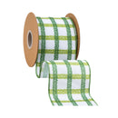 4" Wired Ribbon | Green Grid on White Linen | 10 Yard Roll