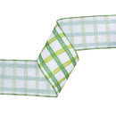 4" Wired Ribbon | Green Grid on White Linen | 10 Yard Roll