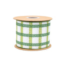 4" Wired Ribbon | Green Grid on White Linen | 10 Yard Roll