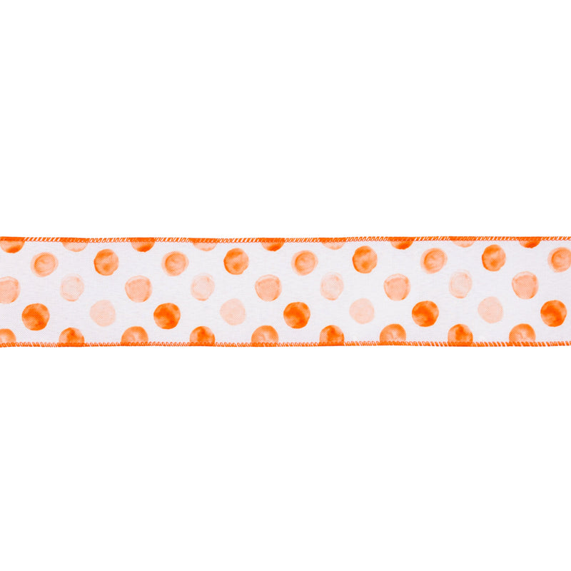 2 1/2" Wired Ribbon | Orange Water Color Dots on White | 10 Yard Roll