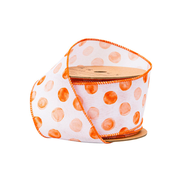 2 1/2" Wired Ribbon | Orange Water Color Dots on White | 10 Yard Roll