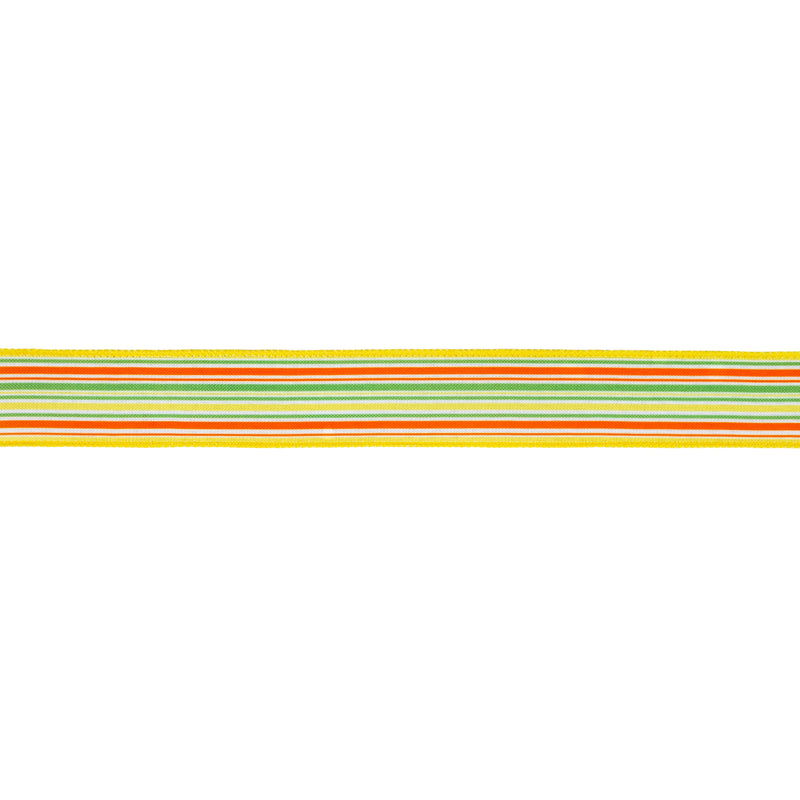 1 1/2" Wired Ribbon | Orange/Green/White on Yellow Linen | 10 Yard Roll