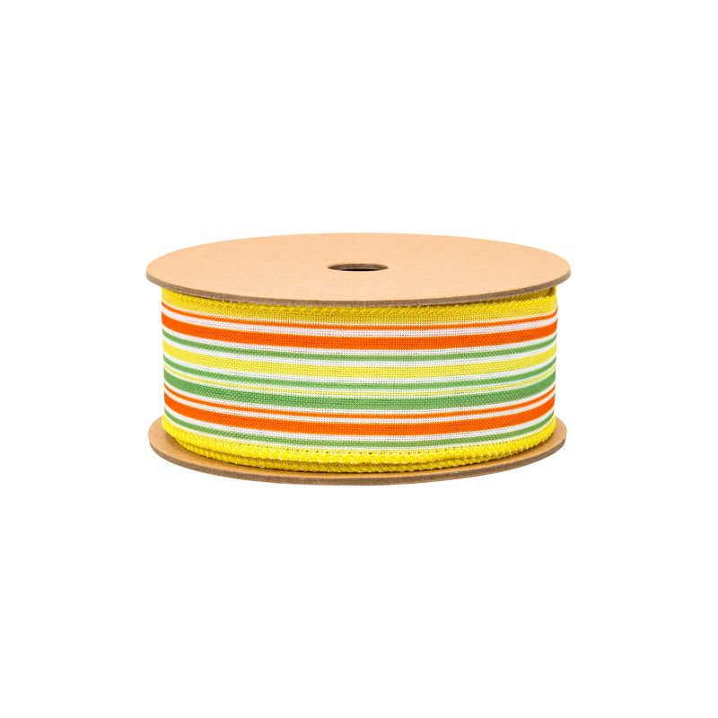 1 1/2" Wired Ribbon | Orange/Green/White on Yellow Linen | 10 Yard Roll