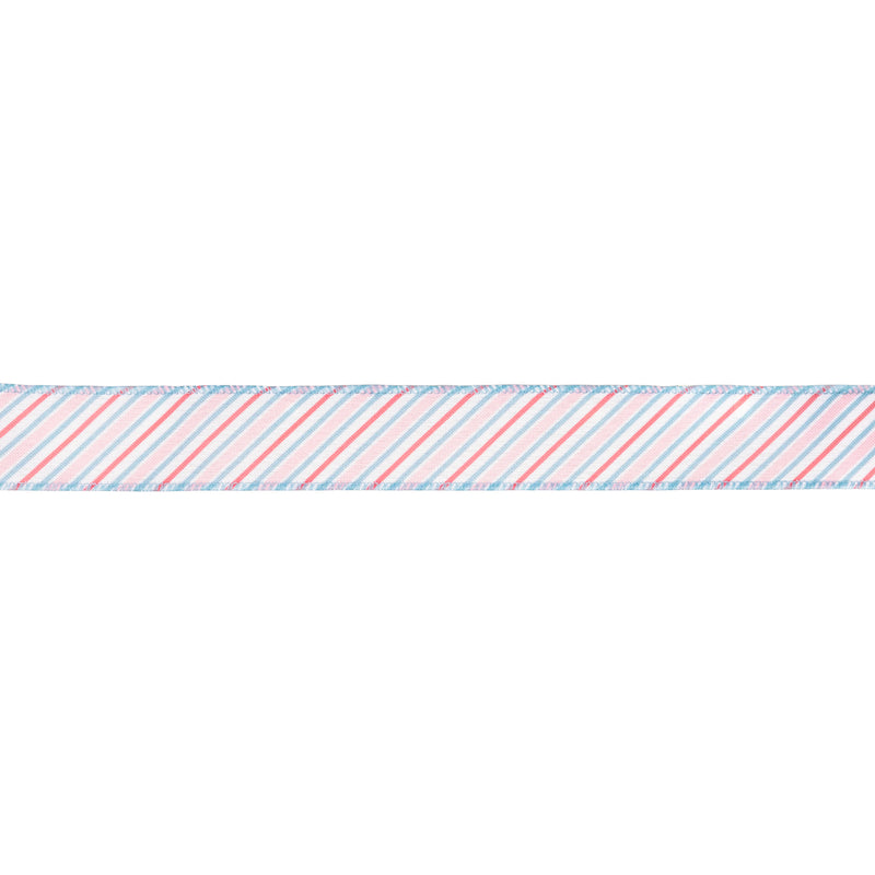 1 1/2" Wired Ribbon | Diagonal Pastel Stripes on White | 10 Yard Roll