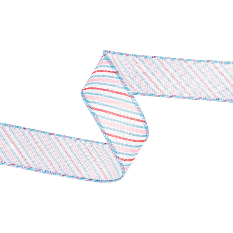 1 1/2" Wired Ribbon | Diagonal Pastel Stripes on White | 10 Yard Roll