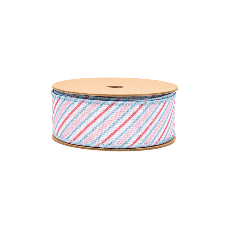 1 1/2" Wired Ribbon | Diagonal Pastel Stripes on White | 10 Yard Roll