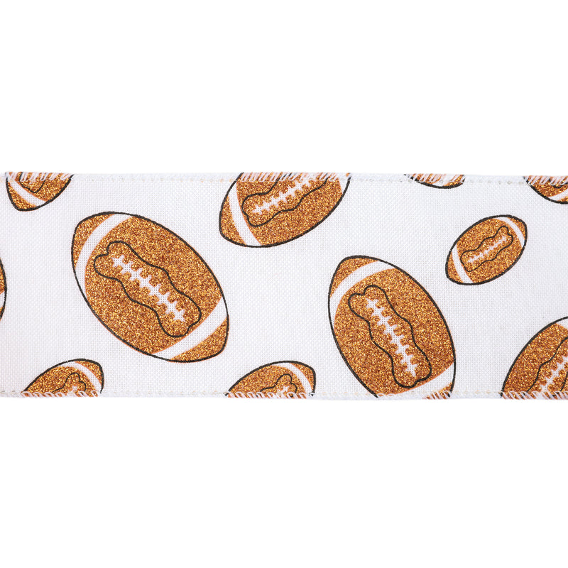 2 1/2" Wired Cotton Ribbon | Glitter Footballs on White | 10 Yard Roll