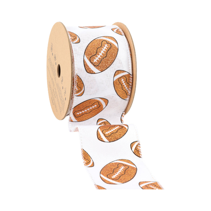 2 1/2" Wired Cotton Ribbon | Glitter Footballs on White | 10 Yard Roll