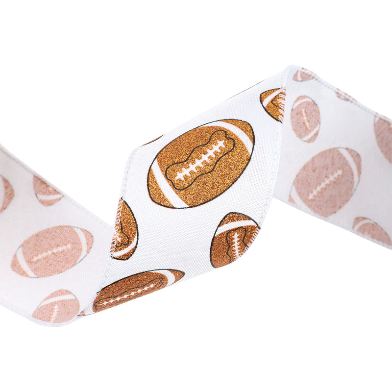 2 1/2" Wired Cotton Ribbon | Glitter Footballs on White | 10 Yard Roll