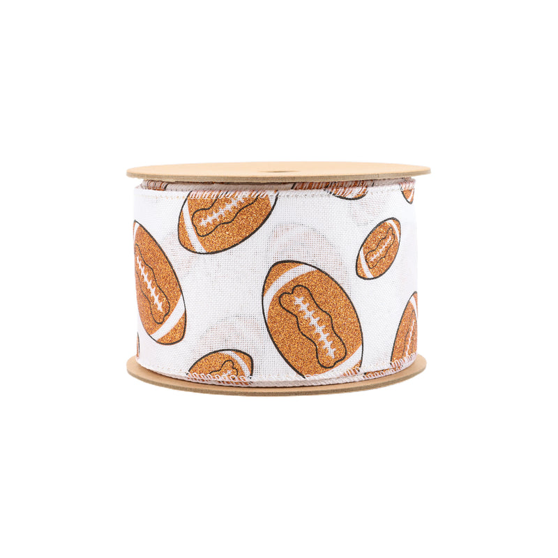 2 1/2" Wired Cotton Ribbon | Glitter Footballs on White | 10 Yard Roll