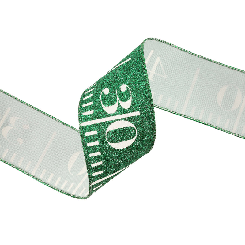 2 1/2" Wired Ribbon | Green Glitter Football Yardage | 10 Yard Roll