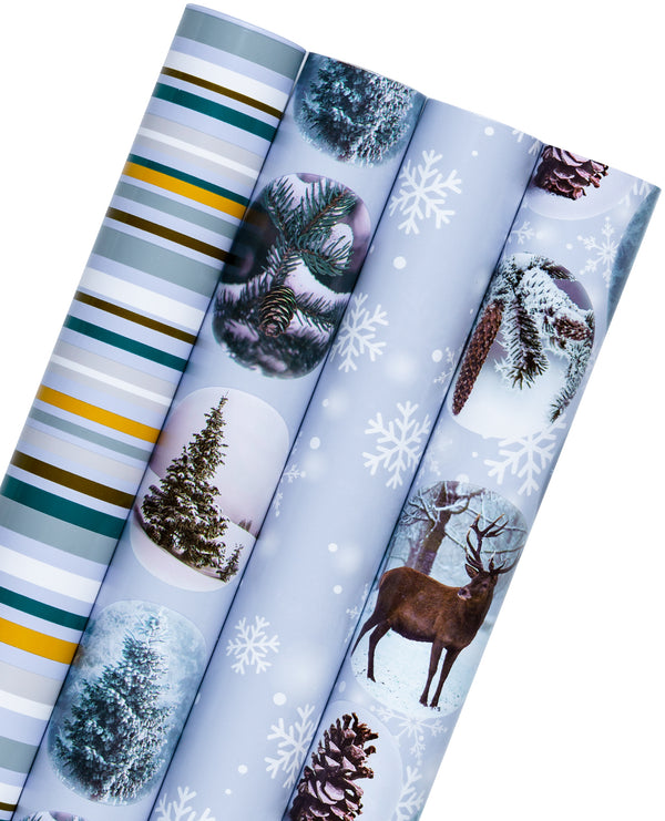 30" x 10' Wrapping Paper Bundle (4-pack) | Snow Globe Printed/Lt. Blue/White