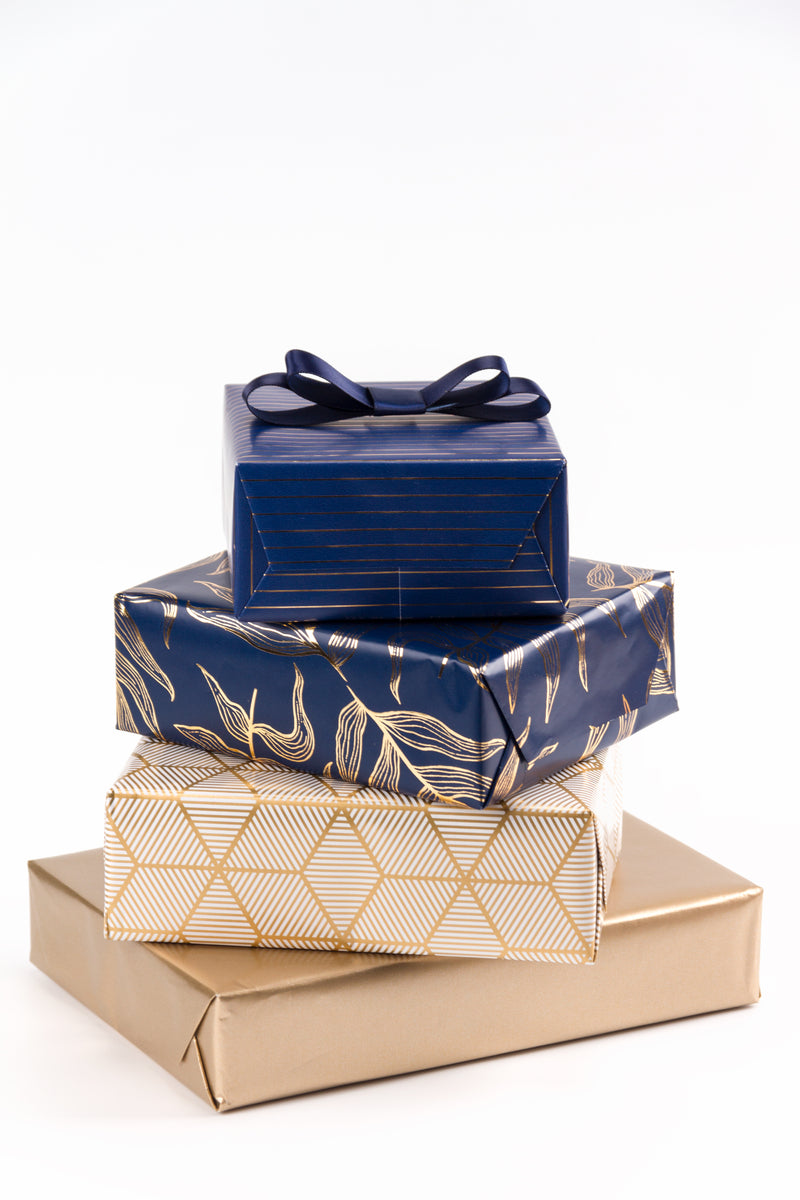 30" x 10' Wrapping Paper Bundle (4-pack) | Gold & Navy Foil