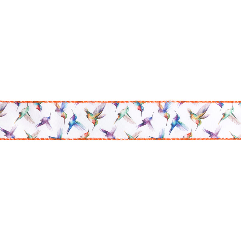 2 1/2" Wired Ribbon | Printed Hummingbird with Orange Edge | 10 Yard Roll