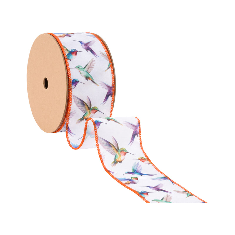 2 1/2" Wired Ribbon | Printed Hummingbird with Orange Edge | 10 Yard Roll