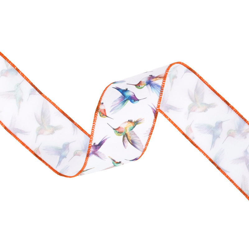 2 1/2" Wired Ribbon | Printed Hummingbird with Orange Edge | 10 Yard Roll