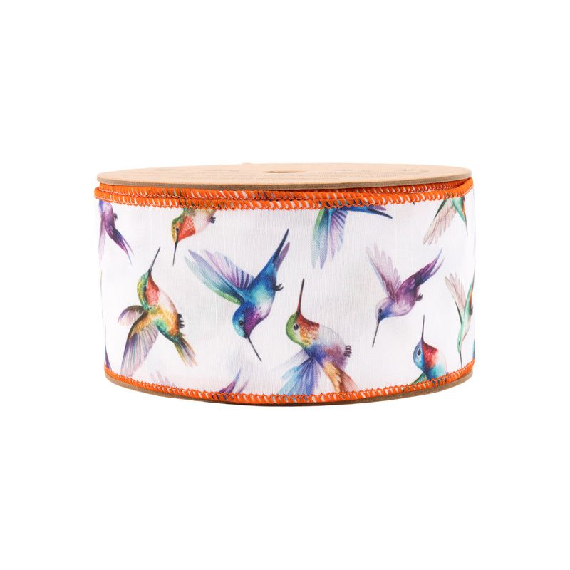 2 1/2" Wired Ribbon | Printed Hummingbird with Orange Edge | 10 Yard Roll