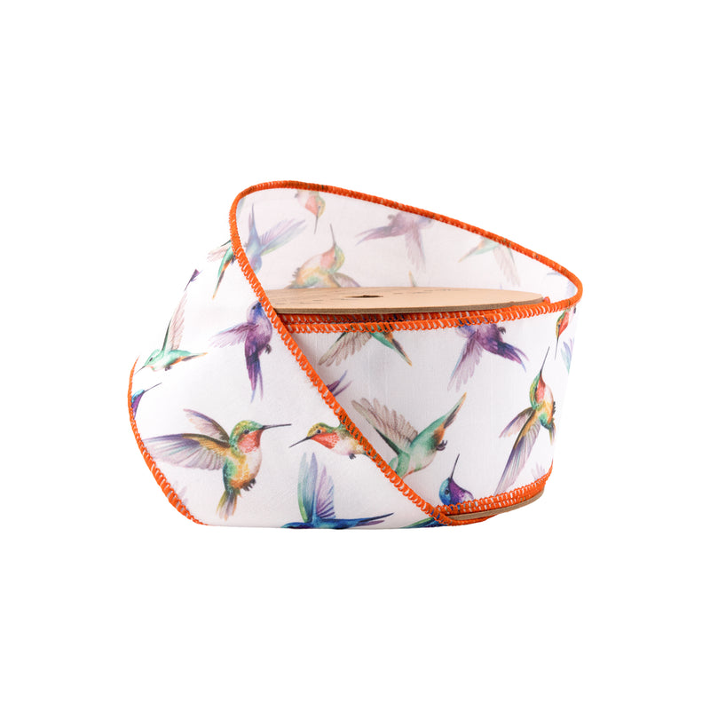 2 1/2" Wired Ribbon | Printed Hummingbird with Orange Edge | 10 Yard Roll