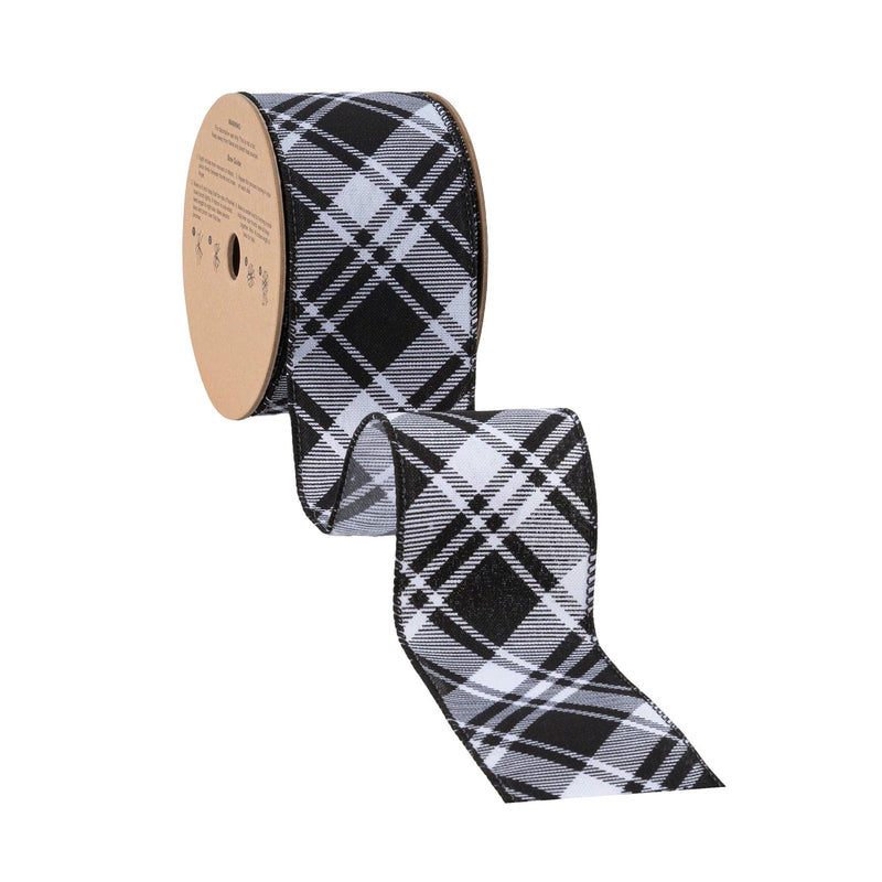 2 1/2" Wired Ribbon | Black White Bias Plaid | 10 Yard Roll