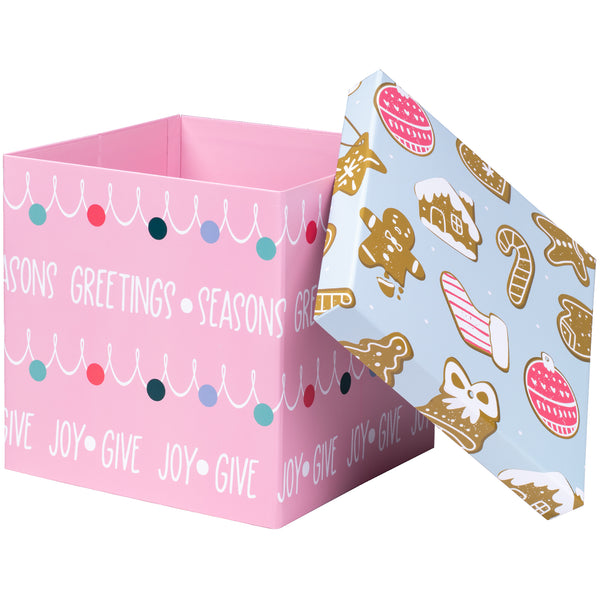 9" x 9" x 9" Collapsable Holiday Gift Box w/ 2-pcs White Tissue Paper & Removable Lid | "Christmas Ornaments" Pink/Blue