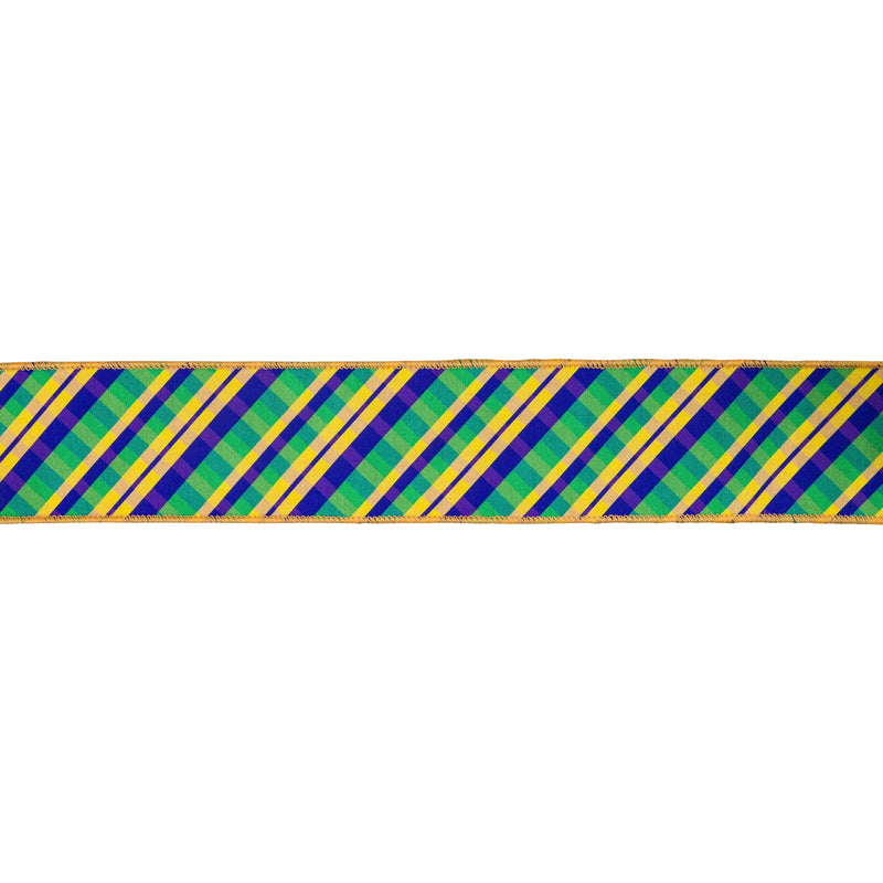 2 1/2" Wired Ribbon | Bias Cut Mardi Gras Plaid w/ Purple Backing | 10 Yard Roll