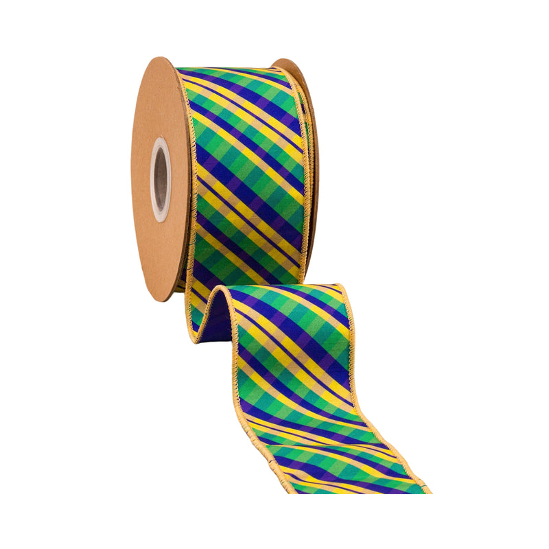 2 1/2" Wired Ribbon | Bias Cut Mardi Gras Plaid w/ Purple Backing | 10 Yard Roll