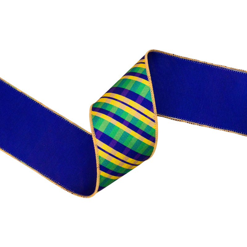 2 1/2" Wired Ribbon | Bias Cut Mardi Gras Plaid w/ Purple Backing | 10 Yard Roll