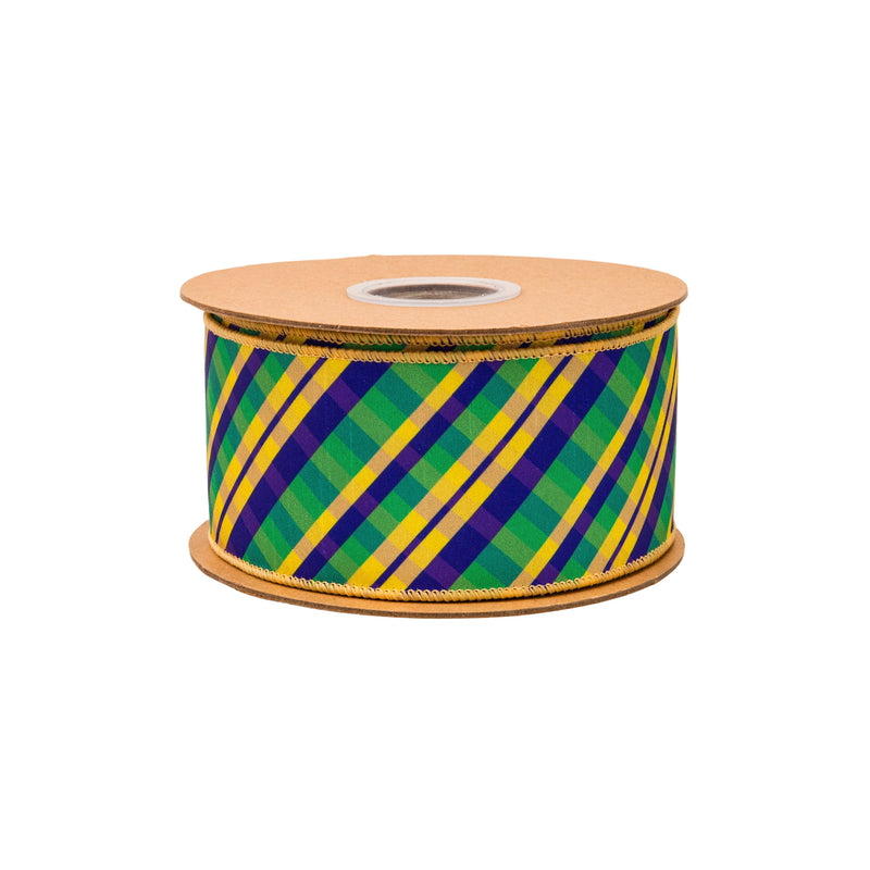 2 1/2" Wired Ribbon | Bias Cut Mardi Gras Plaid w/ Purple Backing | 10 Yard Roll