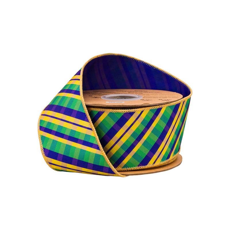 2 1/2" Wired Ribbon | Bias Cut Mardi Gras Plaid w/ Purple Backing | 10 Yard Roll