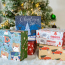 8" x 8" x 4" Collapsable Holiday Gift Box w/ 2-pcs White Tissue Paper & Magnetic Square Flap Lid | Red Truck And Christmas Tree