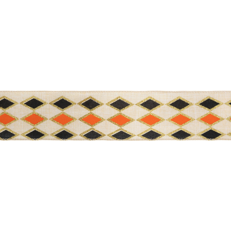 2 1/2" Wired Ribbon | Black and Orange Diamond with Gold Glitter Pattern | 10 Yard Spool