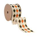 2 1/2" Wired Ribbon | Black and Orange Diamond with Gold Glitter Pattern | 10 Yard Spool