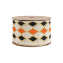 2 1/2" Wired Ribbon | Black and Orange Diamond with Gold Glitter Pattern | 10 Yard Spool
