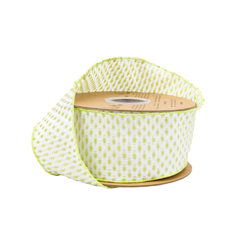2 1/2" Wired Ribbon | Lime Green/White Woven | 10 Yard Roll